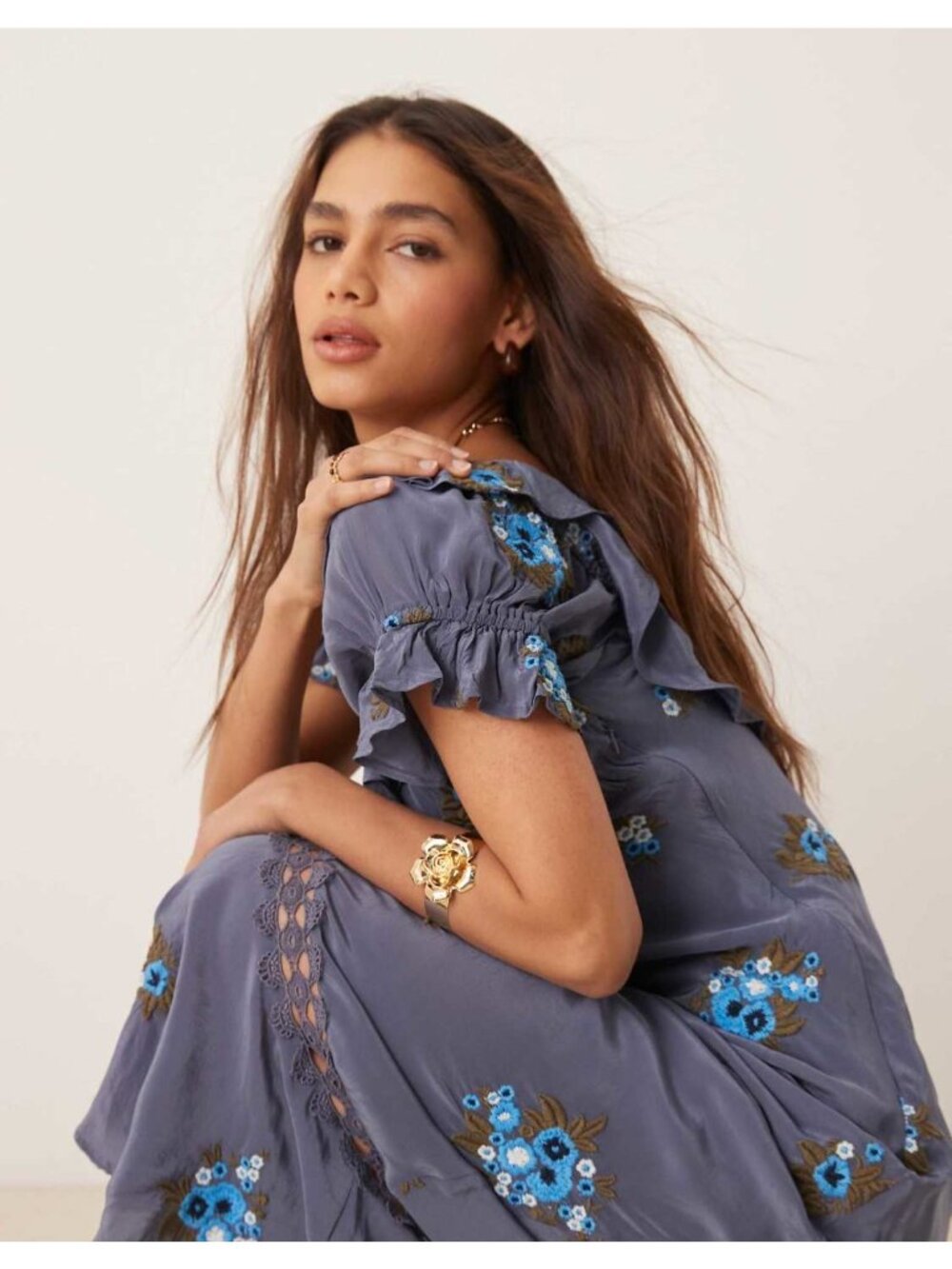Free People Bali Santa Cruz Indigo Floral Embroidered Maxi Dress Medium New - Picture 9 of 16